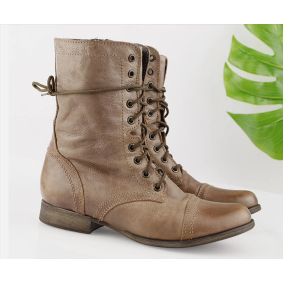 Steve Madden Womens Troopa Combat Boot Size 9 Tan Leather Biker Lace Up Prairie - Picture 1 of 8